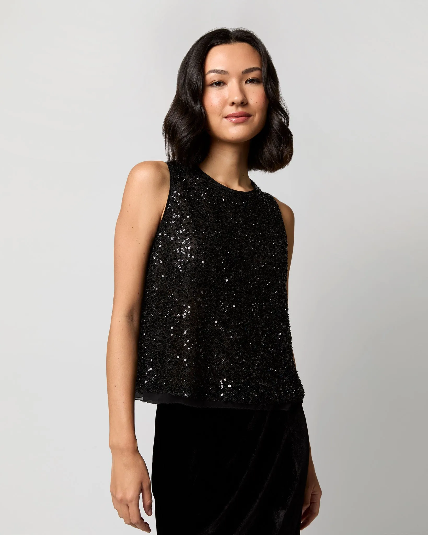 Gia Shell Top in Black Beaded Mesh