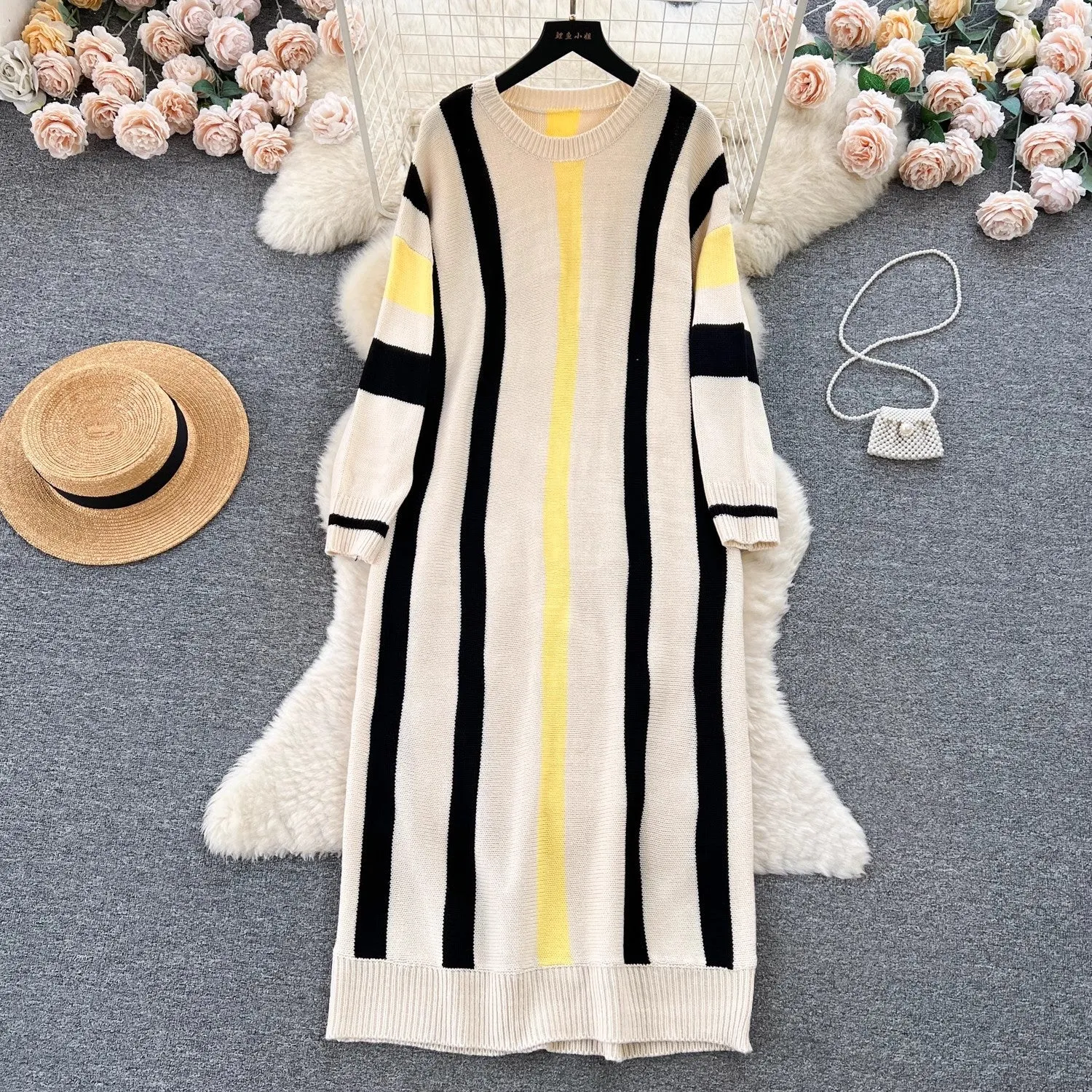 Girlary-shop business casual outfits Lazy Style Dress Women's Autumn and Winter Loose Casual Underwear Sweater Dress Slimming Temperament Striped Contrast Color Dress