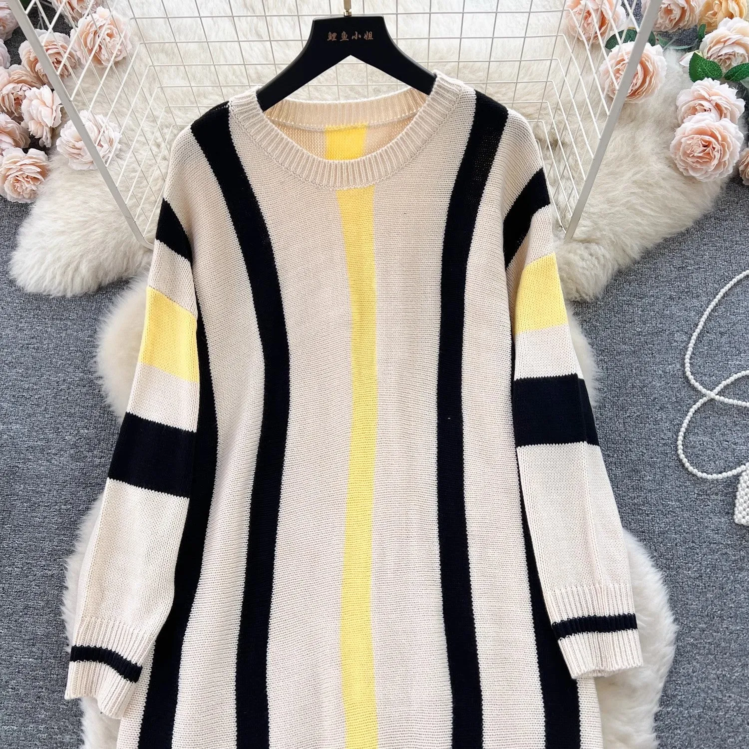 Girlary-shop business casual outfits Lazy Style Dress Women's Autumn and Winter Loose Casual Underwear Sweater Dress Slimming Temperament Striped Contrast Color Dress