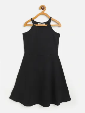 Girls Black Halter Neck Rib Dress - Lyush Kids