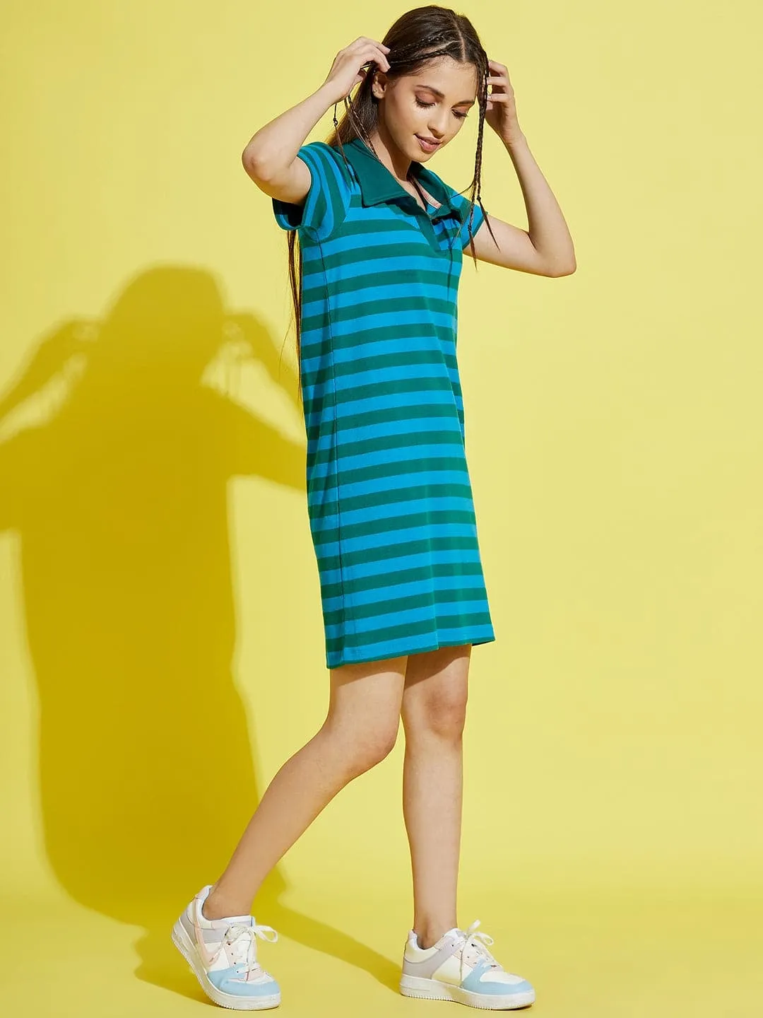 Girls Blue & Green Stripes Rib Polo Neck Dress - Lyush Kids