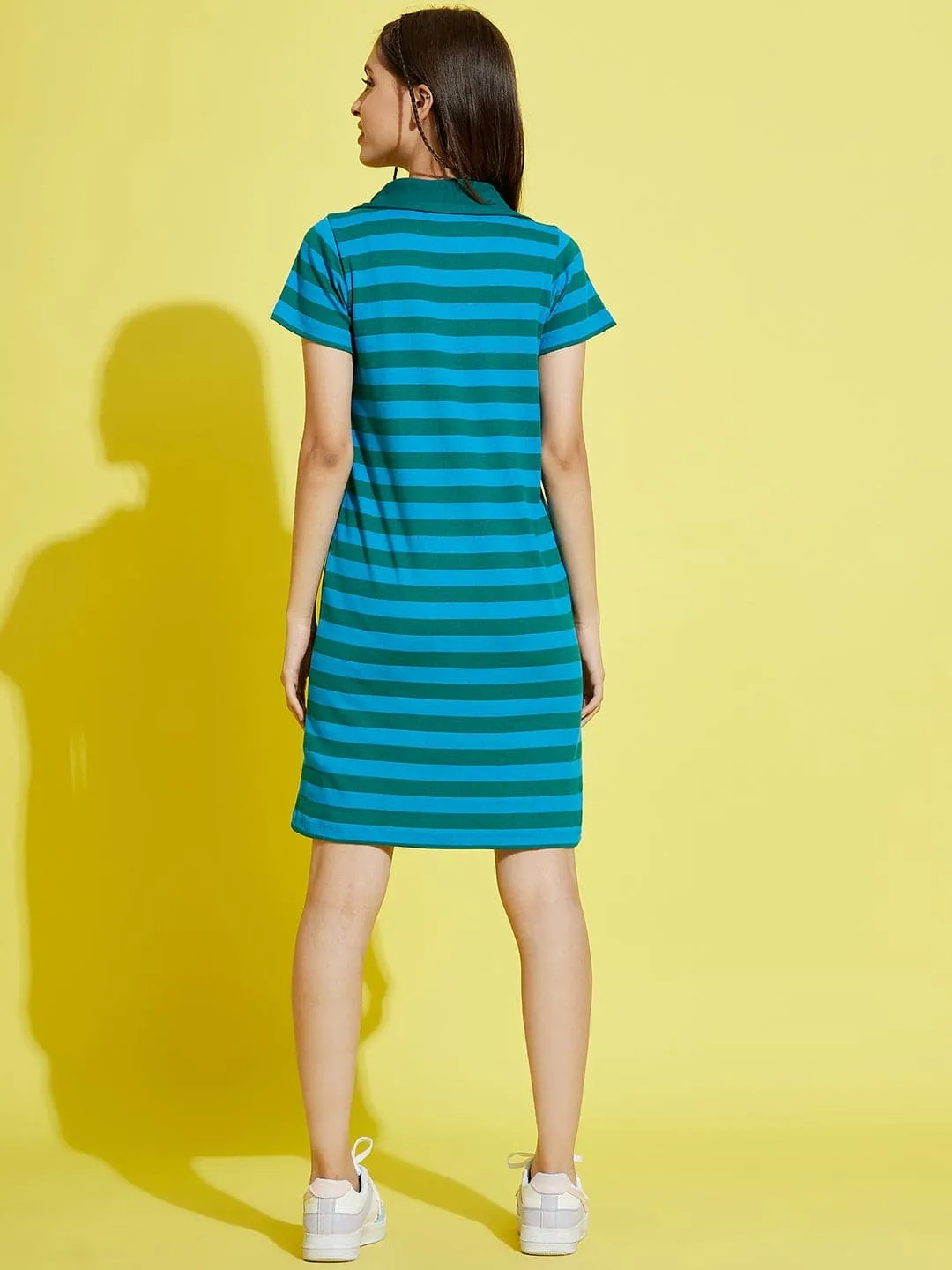 Girls Blue & Green Stripes Rib Polo Neck Dress - Lyush Kids