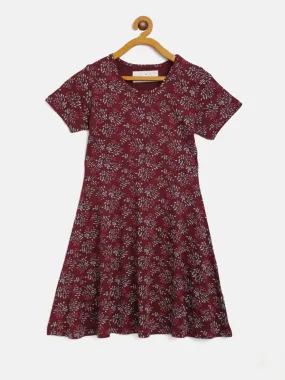 Girls Burgundy Floral Midi Skater Dress - Lyush Kids