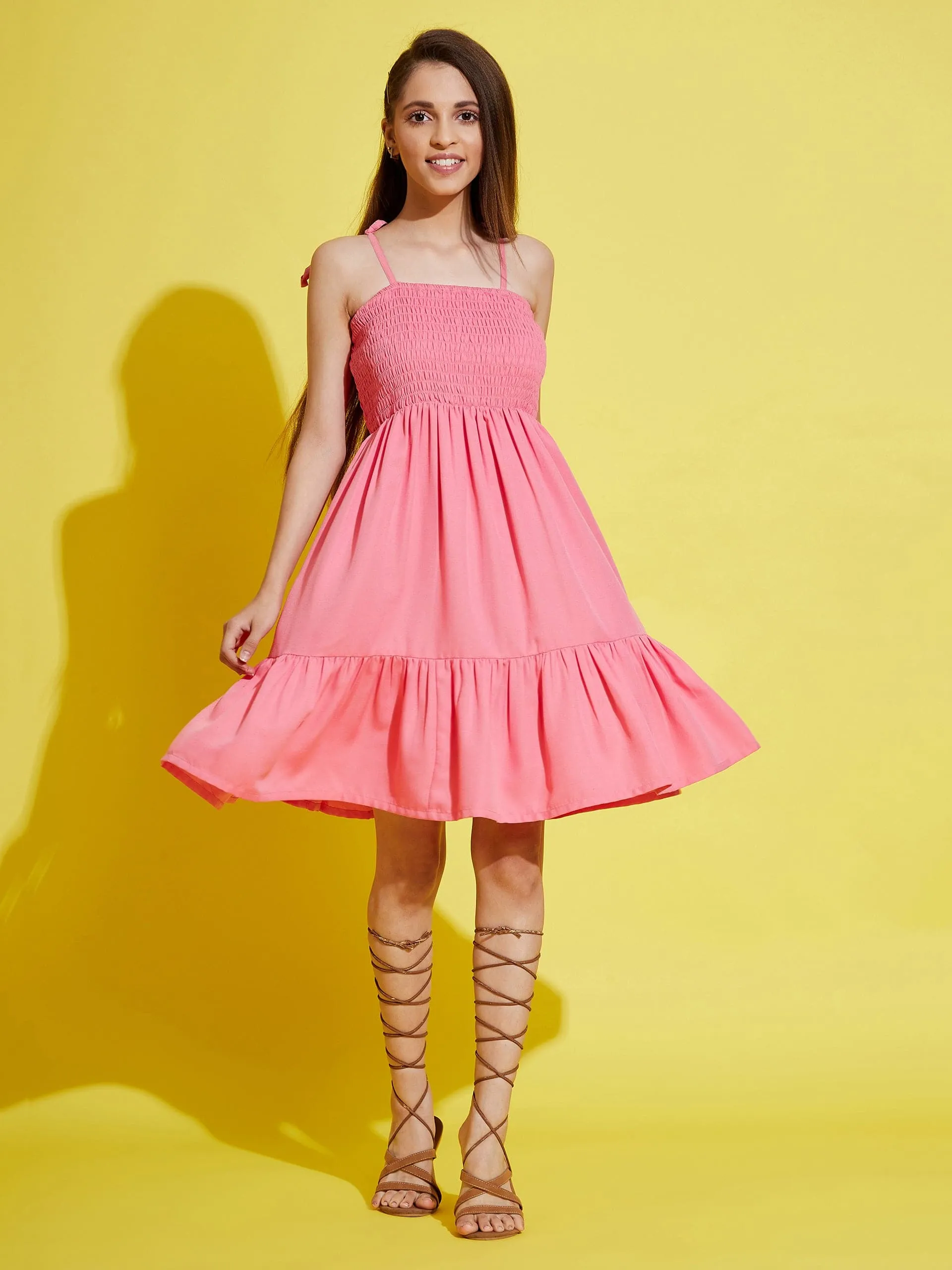 Girls Pink Tie-Up Strappy Dress - Lyush Kids