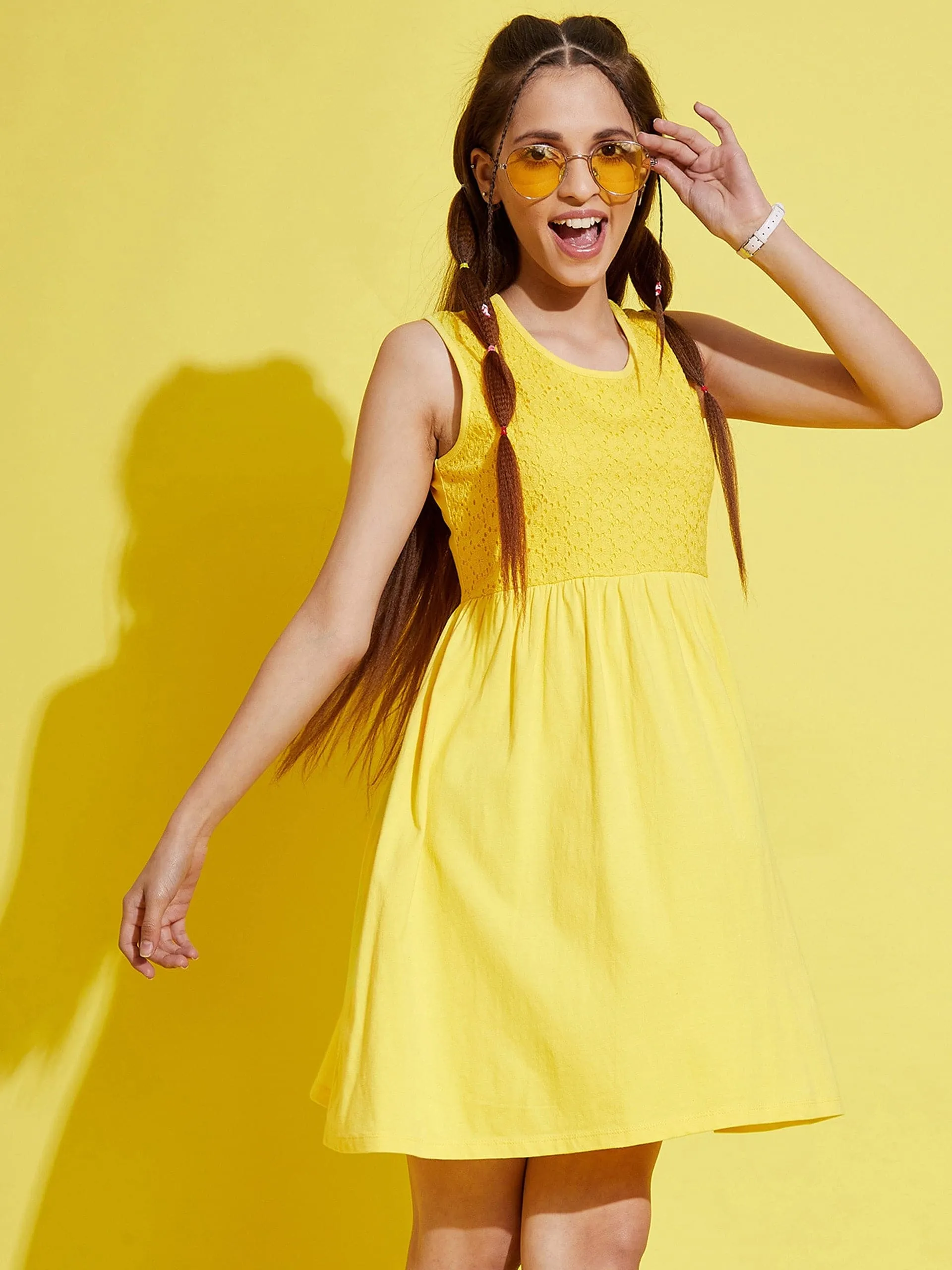 Girls Yellow Schiffli Gathered Dress - Lyush Kids