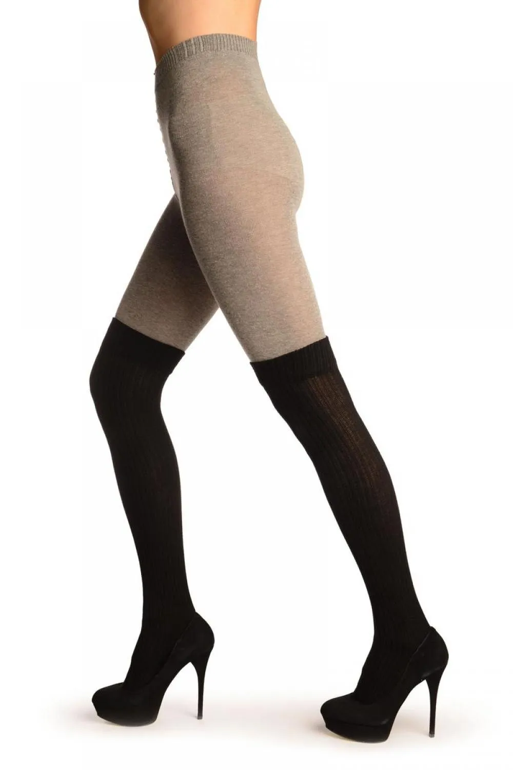 Grey Cotton With Black Ribbed Faux Over The Knee (Winter) Tights