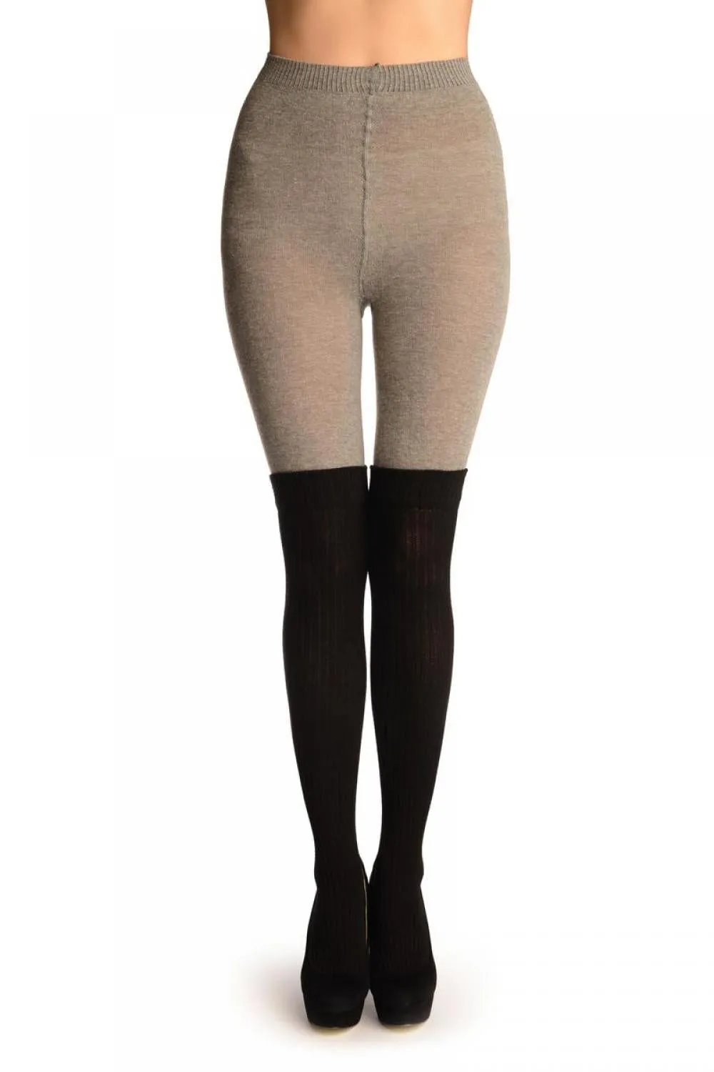 Grey Cotton With Black Ribbed Faux Over The Knee (Winter) Tights