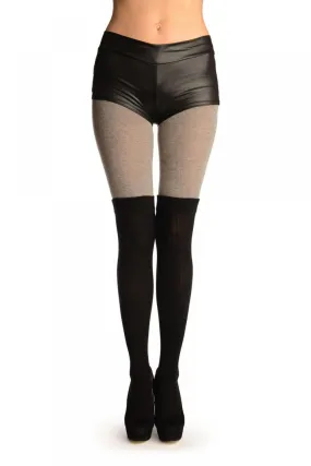 Grey Cotton With Black Ribbed Faux Over The Knee (Winter) Tights