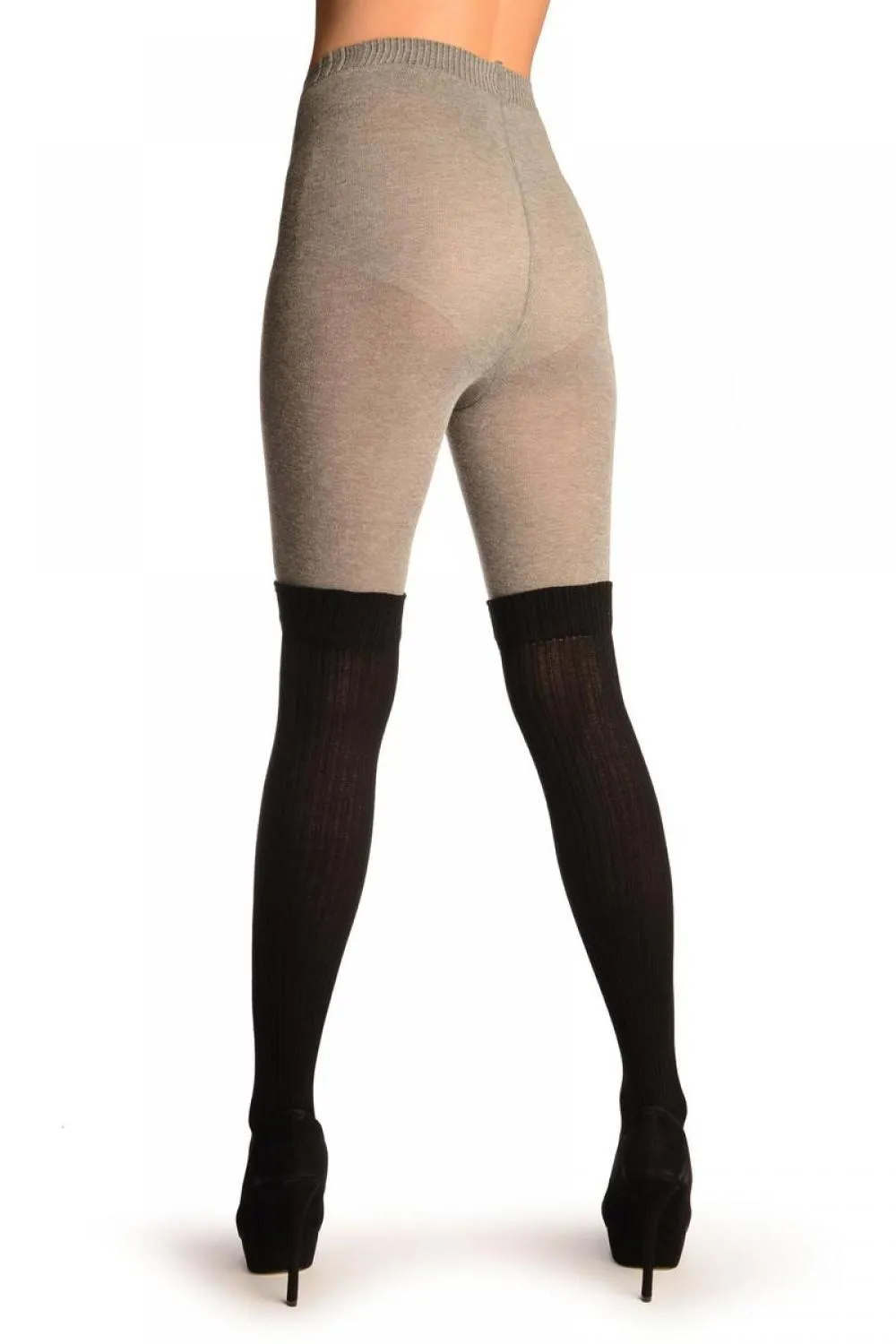 Grey Cotton With Black Ribbed Faux Over The Knee (Winter) Tights