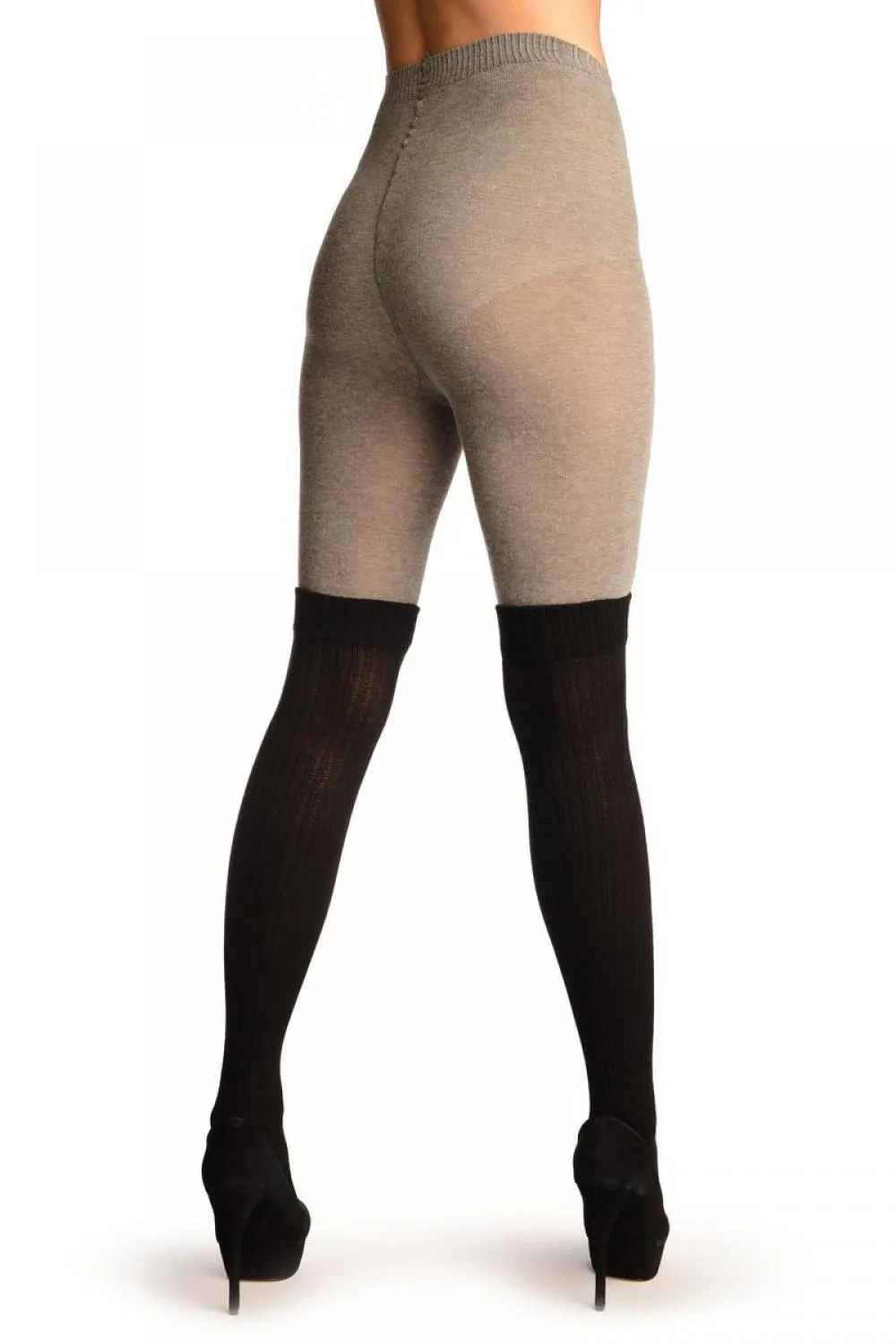 Grey Cotton With Black Ribbed Faux Over The Knee (Winter) Tights