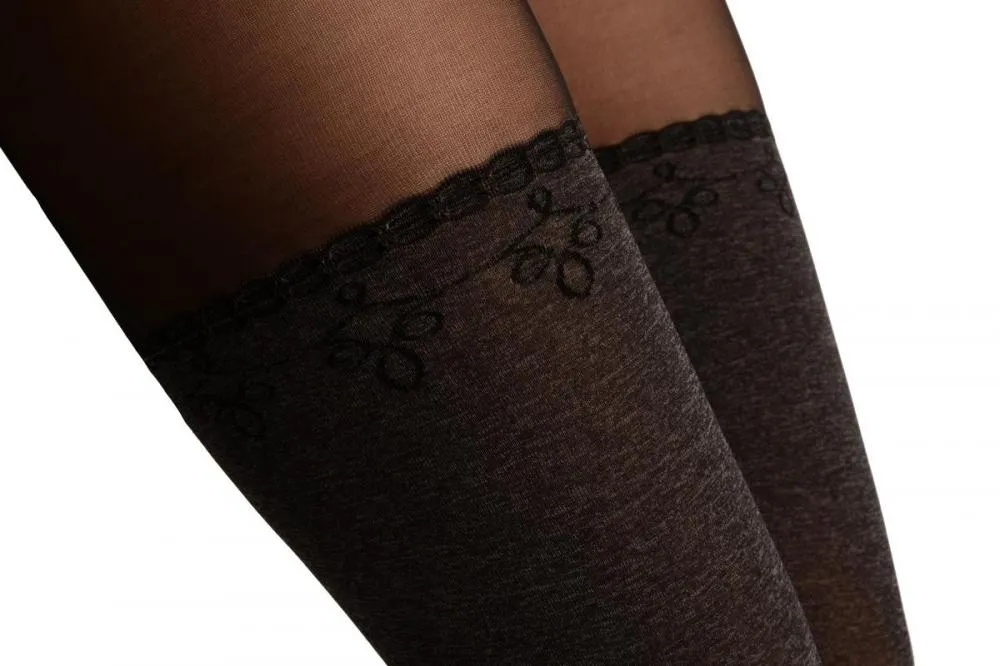 Grey Opaque Faux Stockings With Black Top Tights