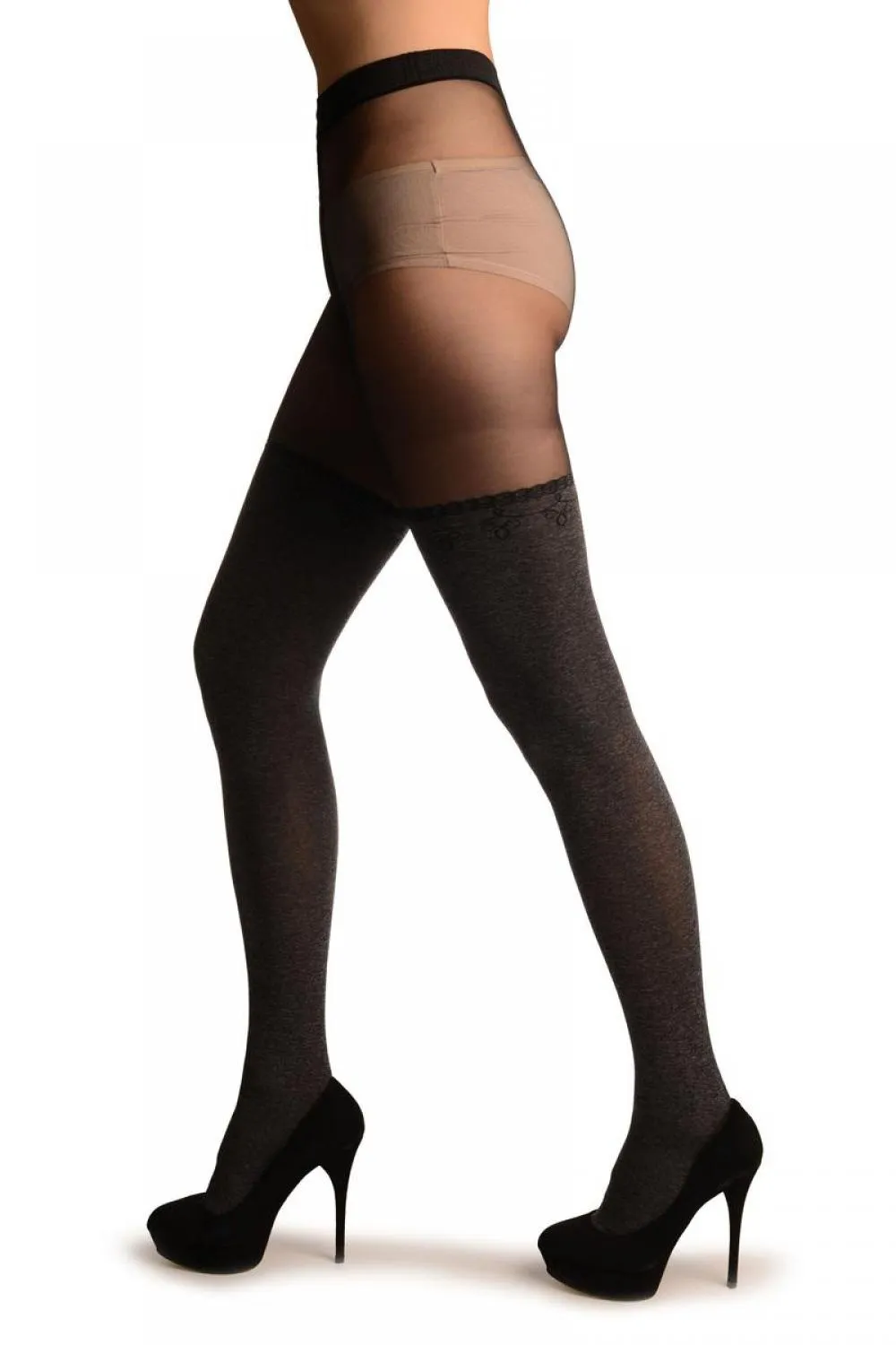 Grey Opaque Faux Stockings With Black Top Tights