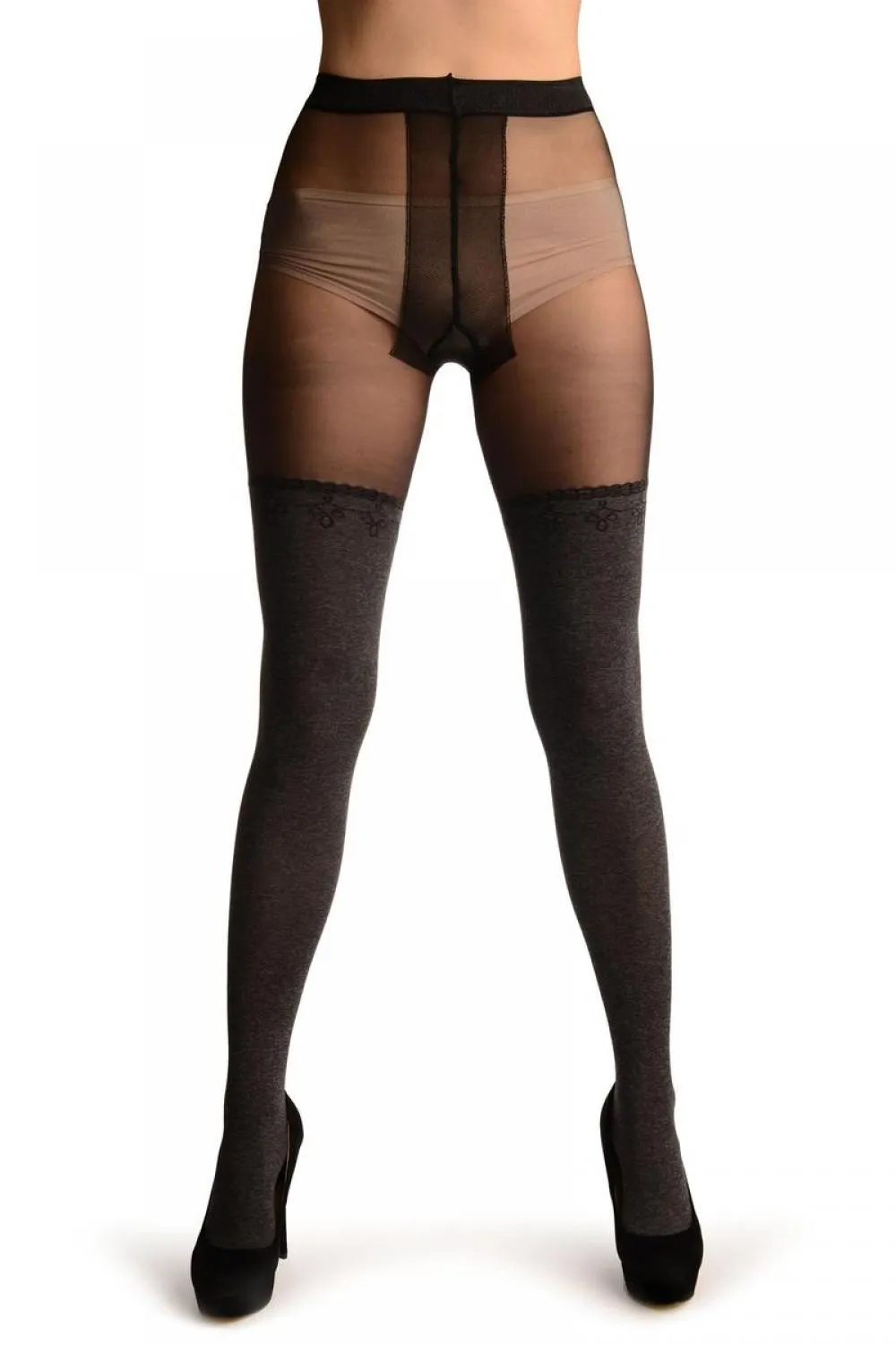 Grey Opaque Faux Stockings With Black Top Tights