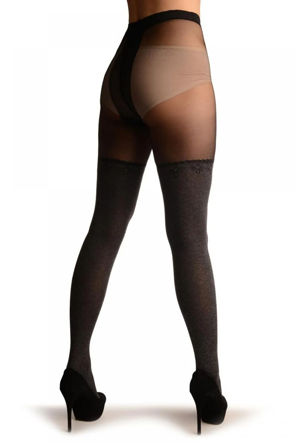 Grey Opaque Faux Stockings With Black Top Tights