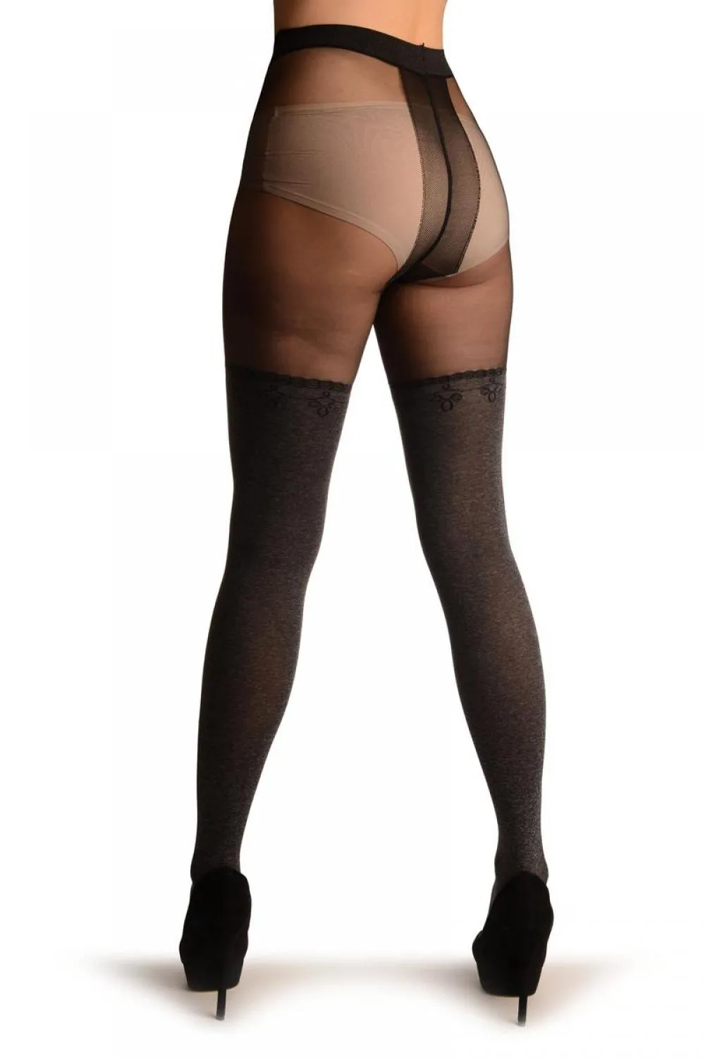 Grey Opaque Faux Stockings With Black Top Tights