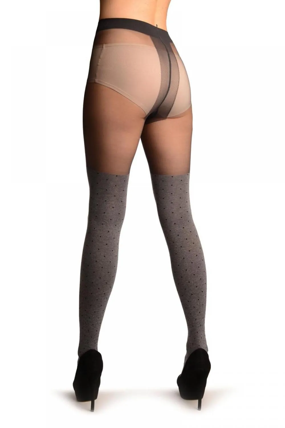 Grey With Black Polka Dots Faux Stockings With Sheer Top Tights