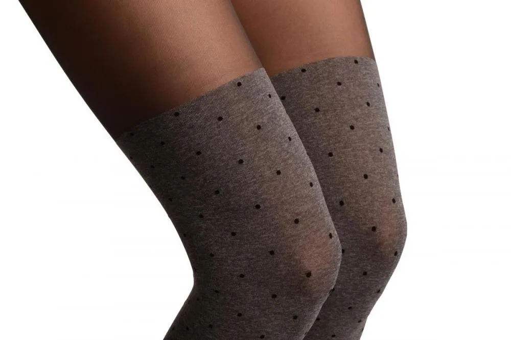 Grey With Black Polka Dots Faux Stockings With Sheer Top Tights