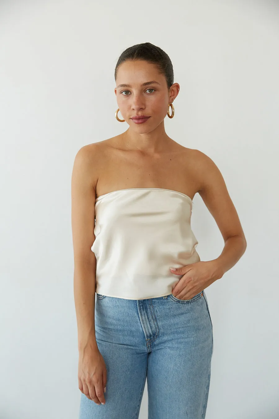 Hallie Strapless Open Back Satin Top