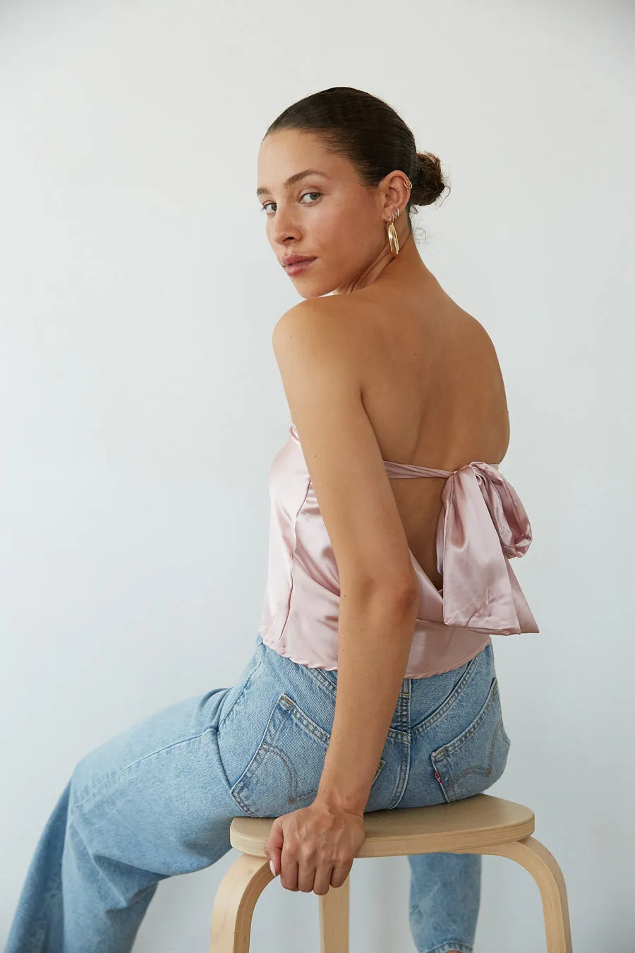 Hallie Strapless Open Back Satin Top