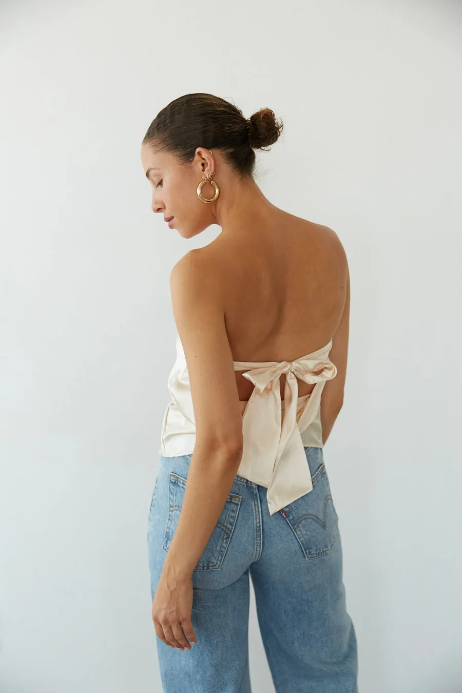 Hallie Strapless Open Back Satin Top