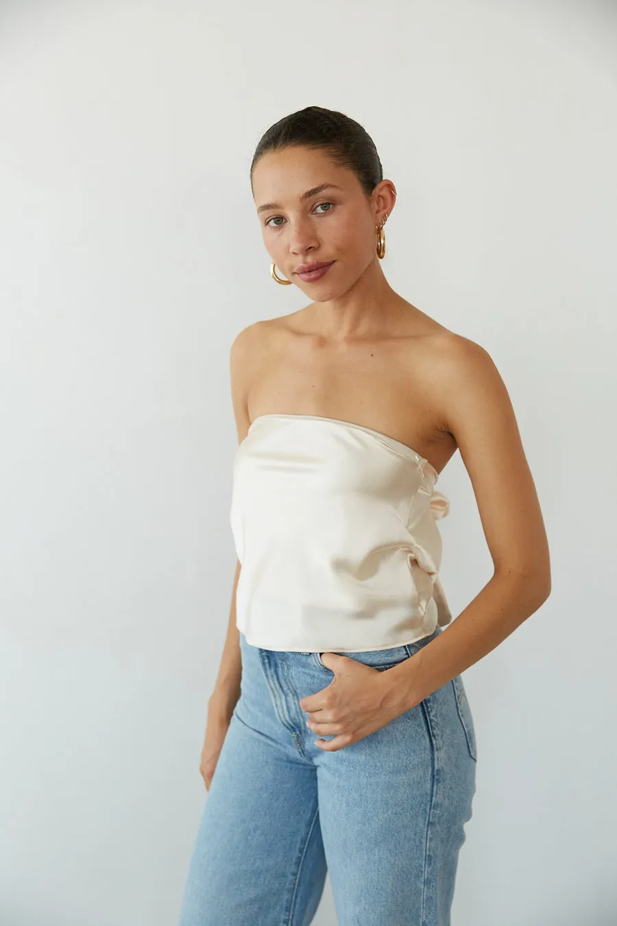 Hallie Strapless Open Back Satin Top