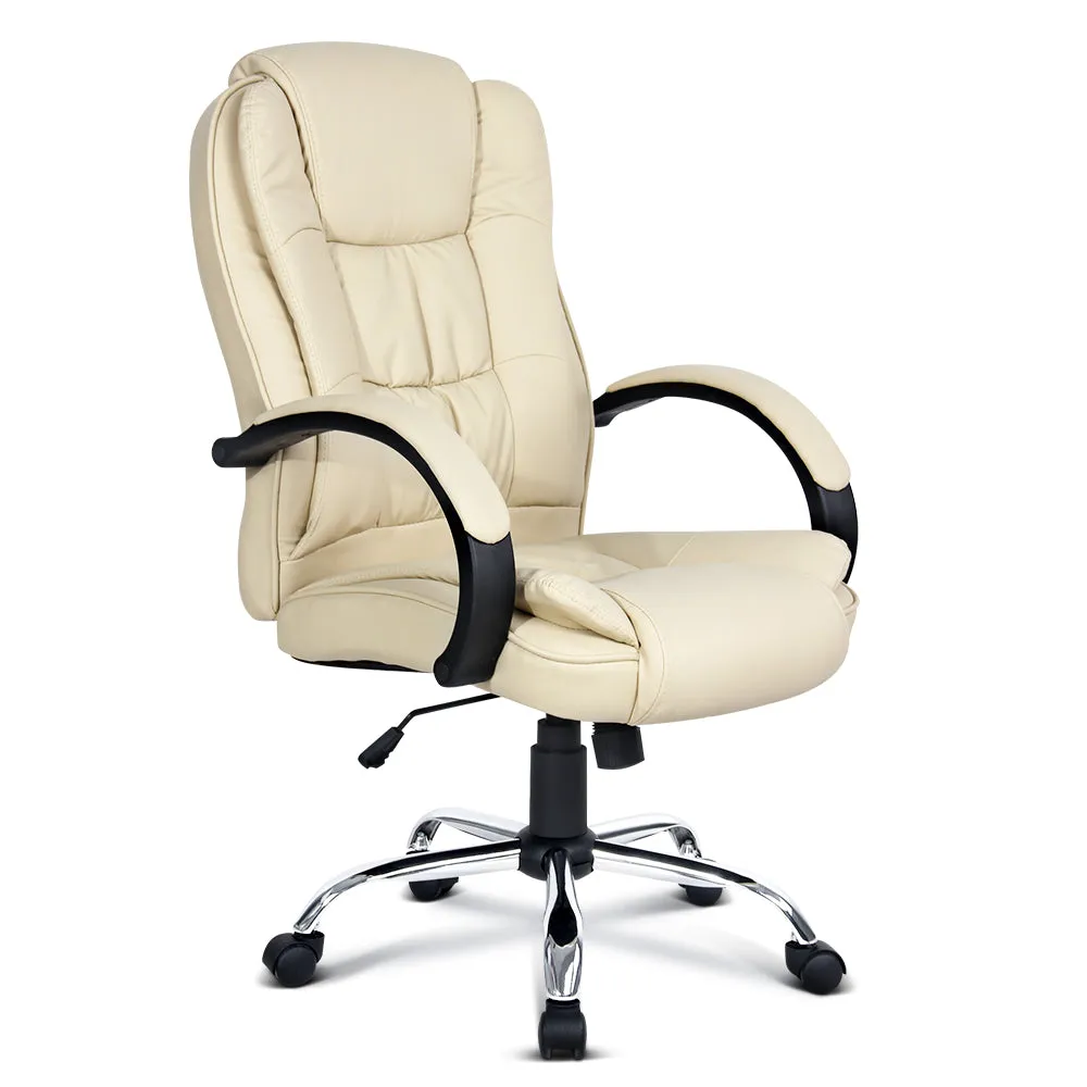 High-Back Leather Office Chair Tilt & Swivel Beige - Artiss