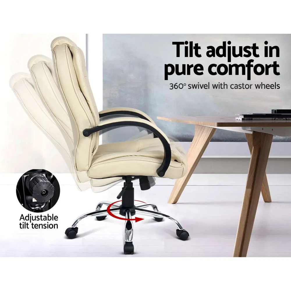 High-Back Leather Office Chair Tilt & Swivel Beige - Artiss