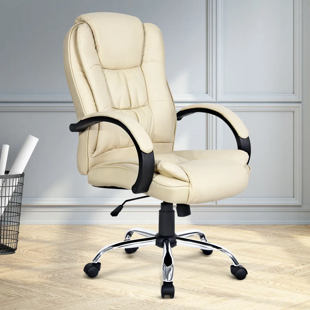 High-Back Leather Office Chair Tilt & Swivel Beige - Artiss