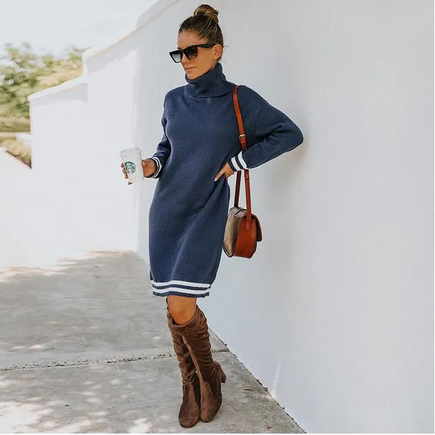 High collar long sleeve knitted dress