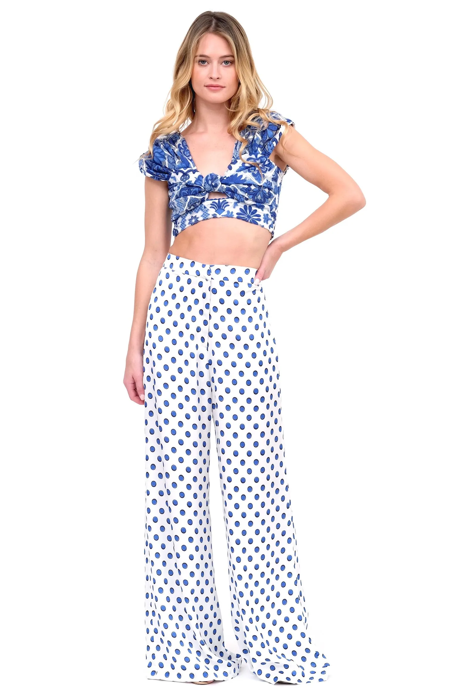 High Waisted Blue Polka Dot Pants