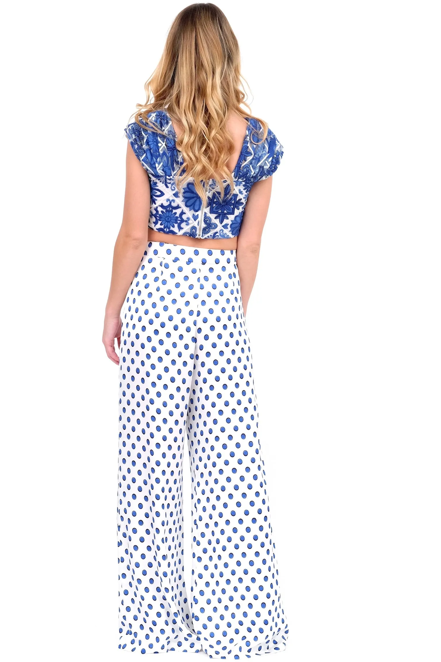 High Waisted Blue Polka Dot Pants