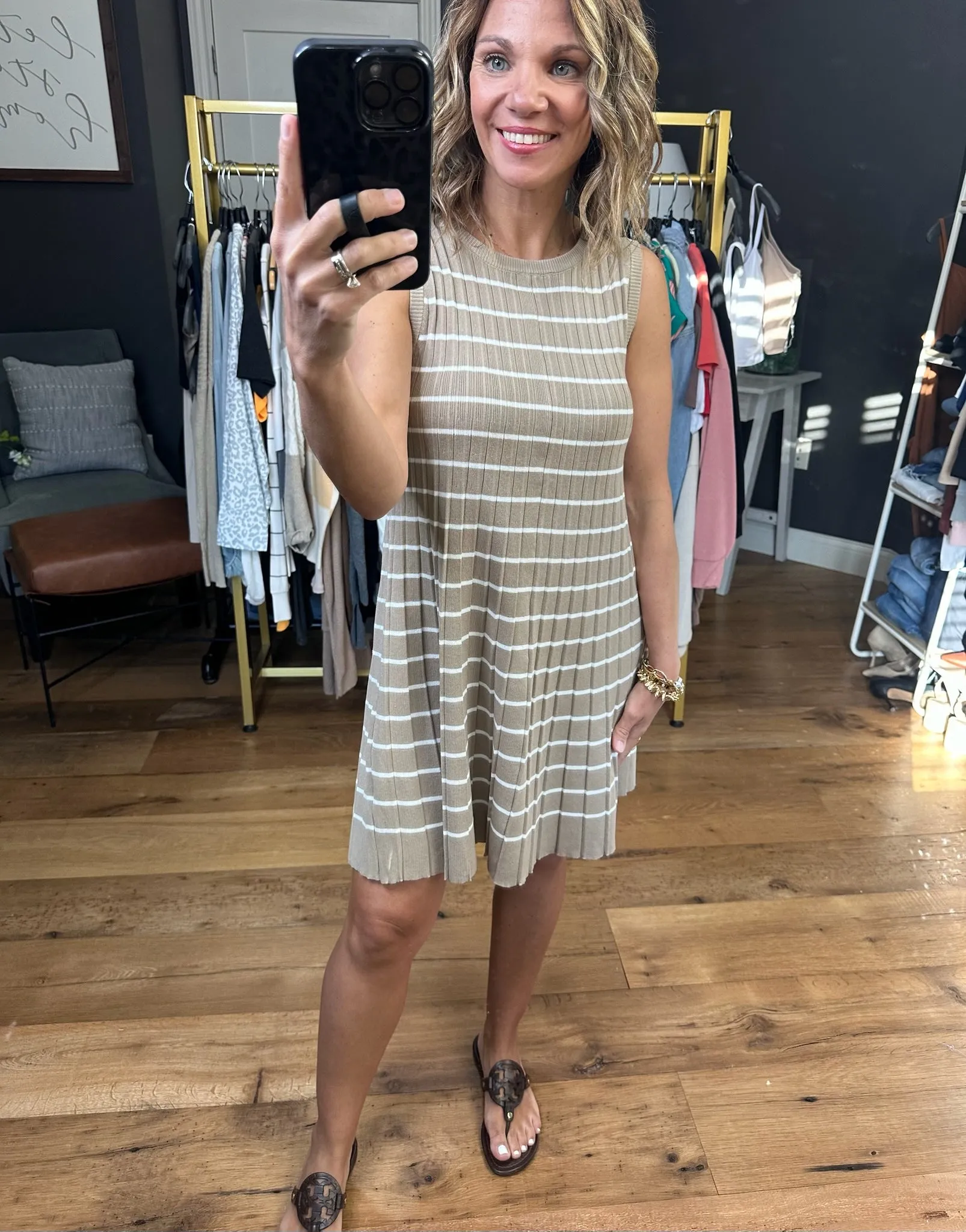 In the Business Striped Knit Dress - Mocha/White