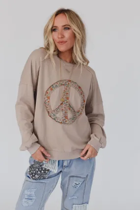 Jenny Floral Peace Sign Pullover Top - Mocha