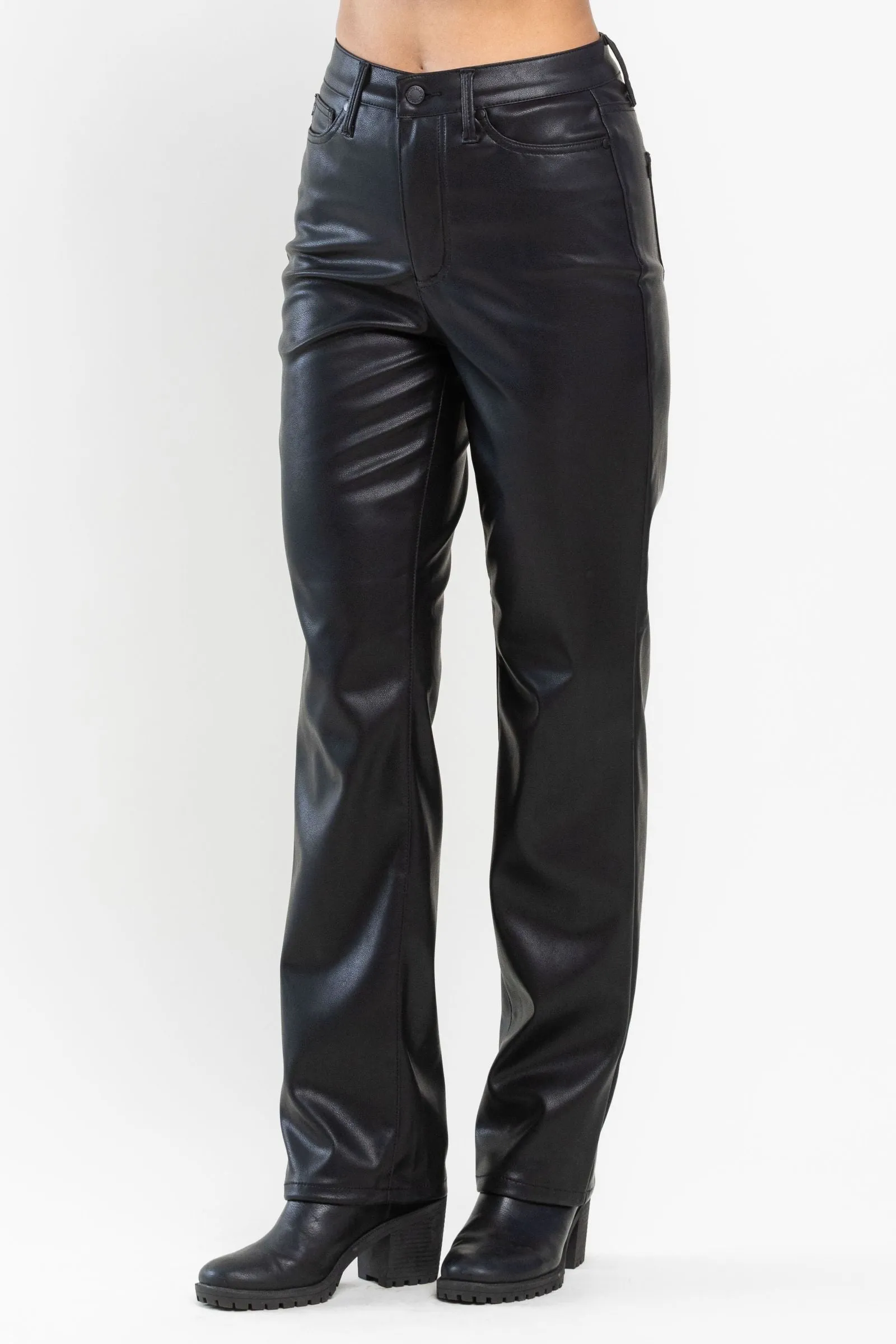 Judy Blue High Waist Tummy Control Top Faux Leather Black Straight Leg Pants 88755 - Exclusive