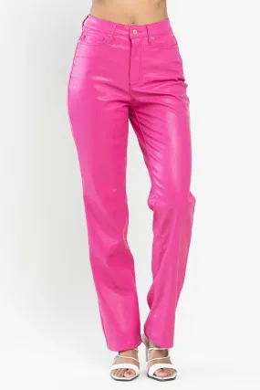 Judy Blue High Waist Tummy Control Top Faux Leather Straight Pants in Hot Pink 88748 - Exclusive