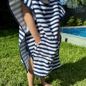 Kids Hooded Poncho Towel - Navy Blue Stripe