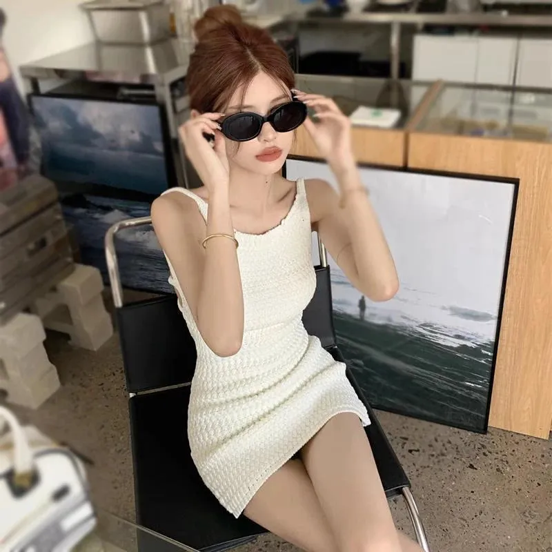 Knitted Suspender Dress Women Backless Short Style Sexy Hip Wrap Solid Colour Seaside Vacation Versatile Casual Summer