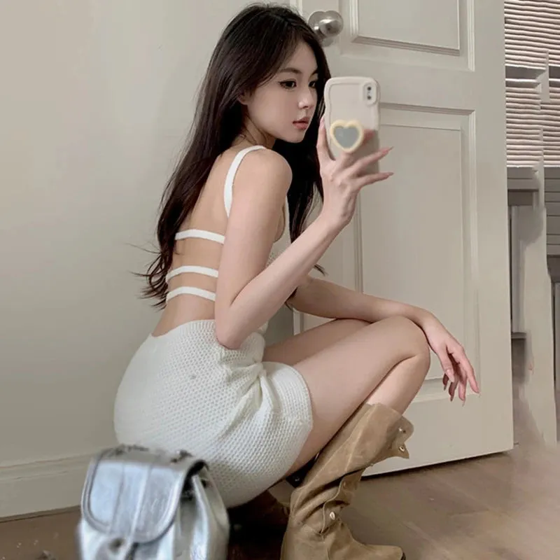 Knitted Suspender Dress Women Backless Short Style Sexy Hip Wrap Solid Colour Seaside Vacation Versatile Casual Summer