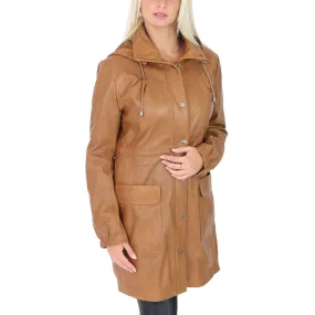 Ladies Duffle Leather Coat 3/4 Long Detachable Hood Classic Parka Jacket Liza Tan