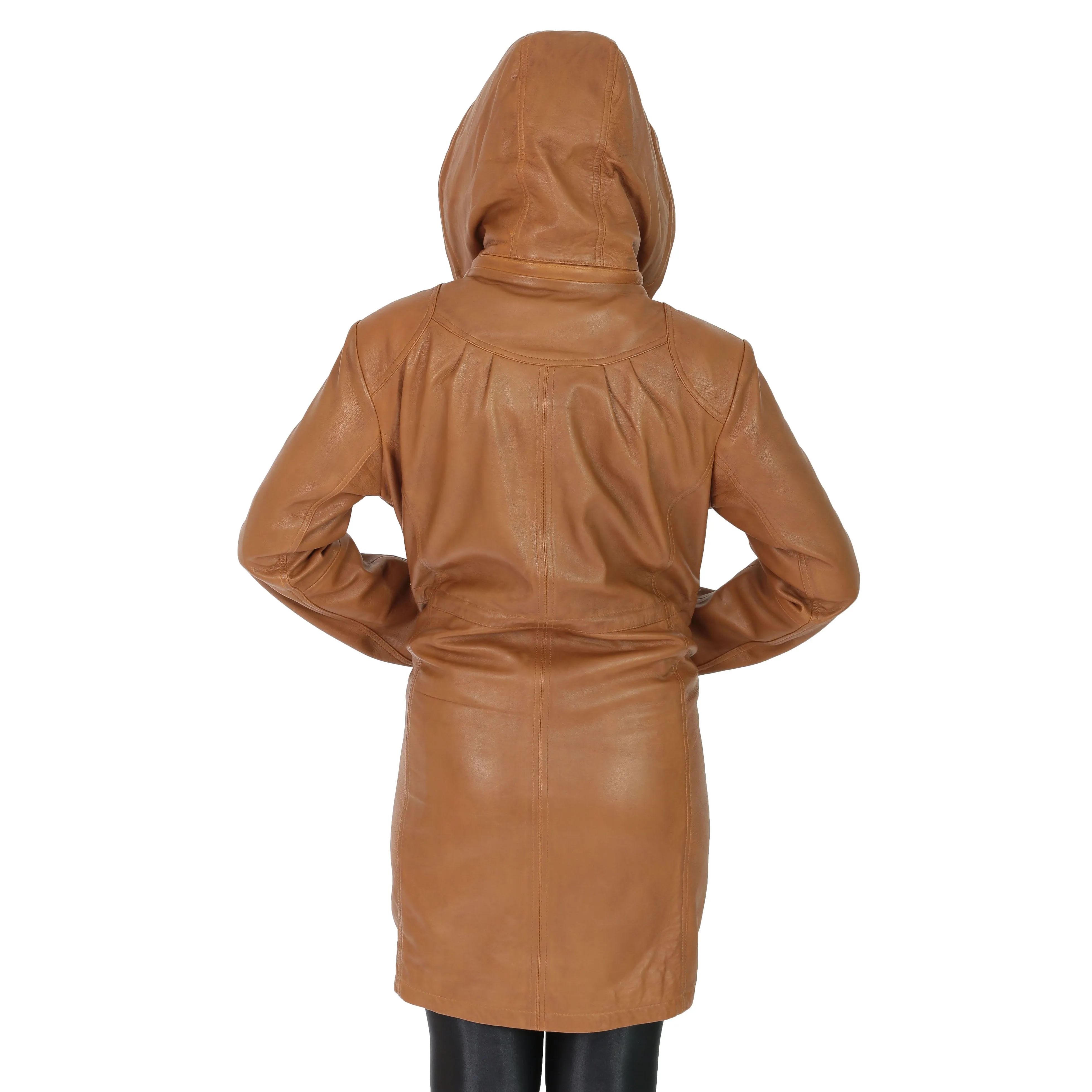 Ladies Duffle Leather Coat 3/4 Long Detachable Hood Classic Parka Jacket Liza Tan