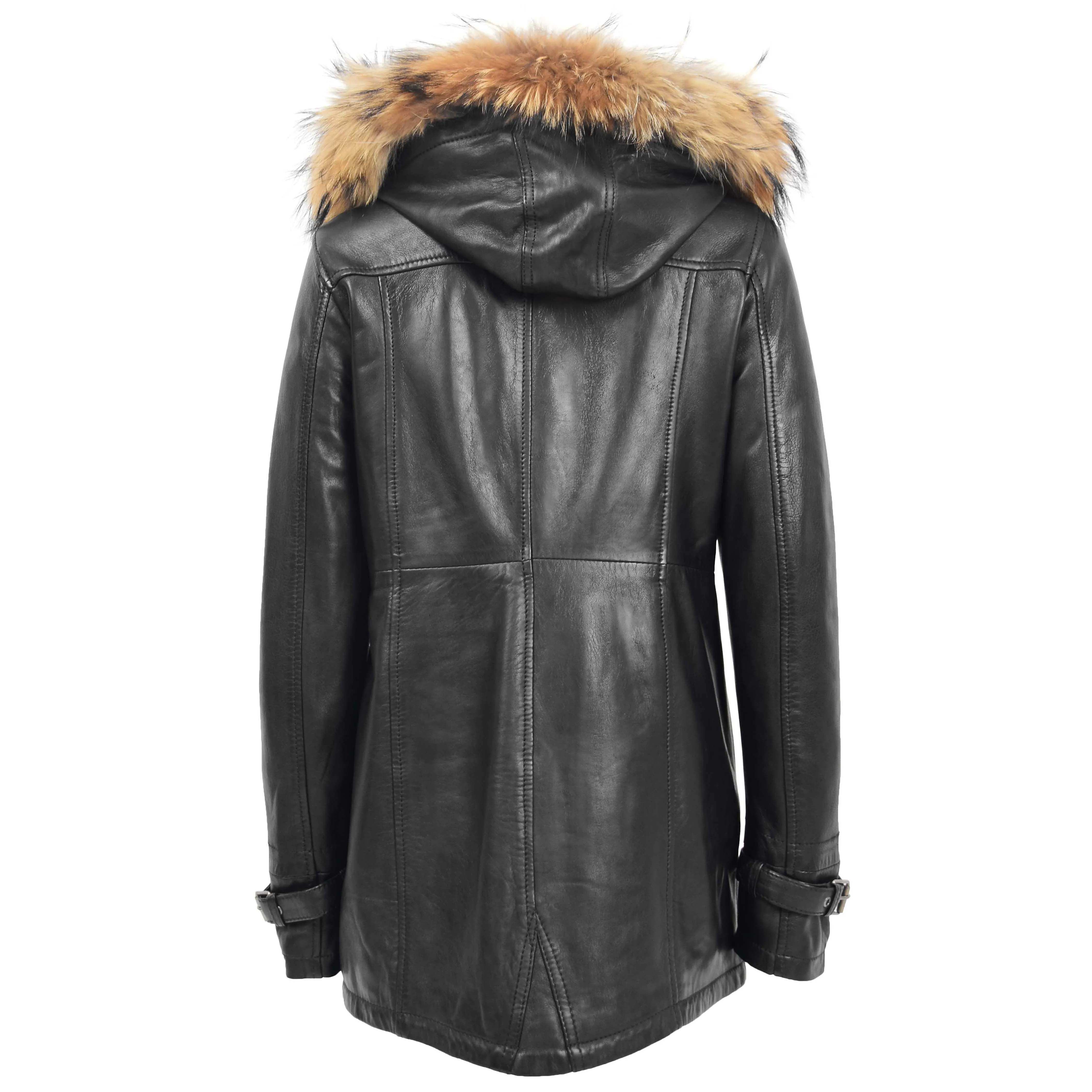 Ladies Genuine Black Leather Duffle Coat Removable Hood Parka Jacket Patty