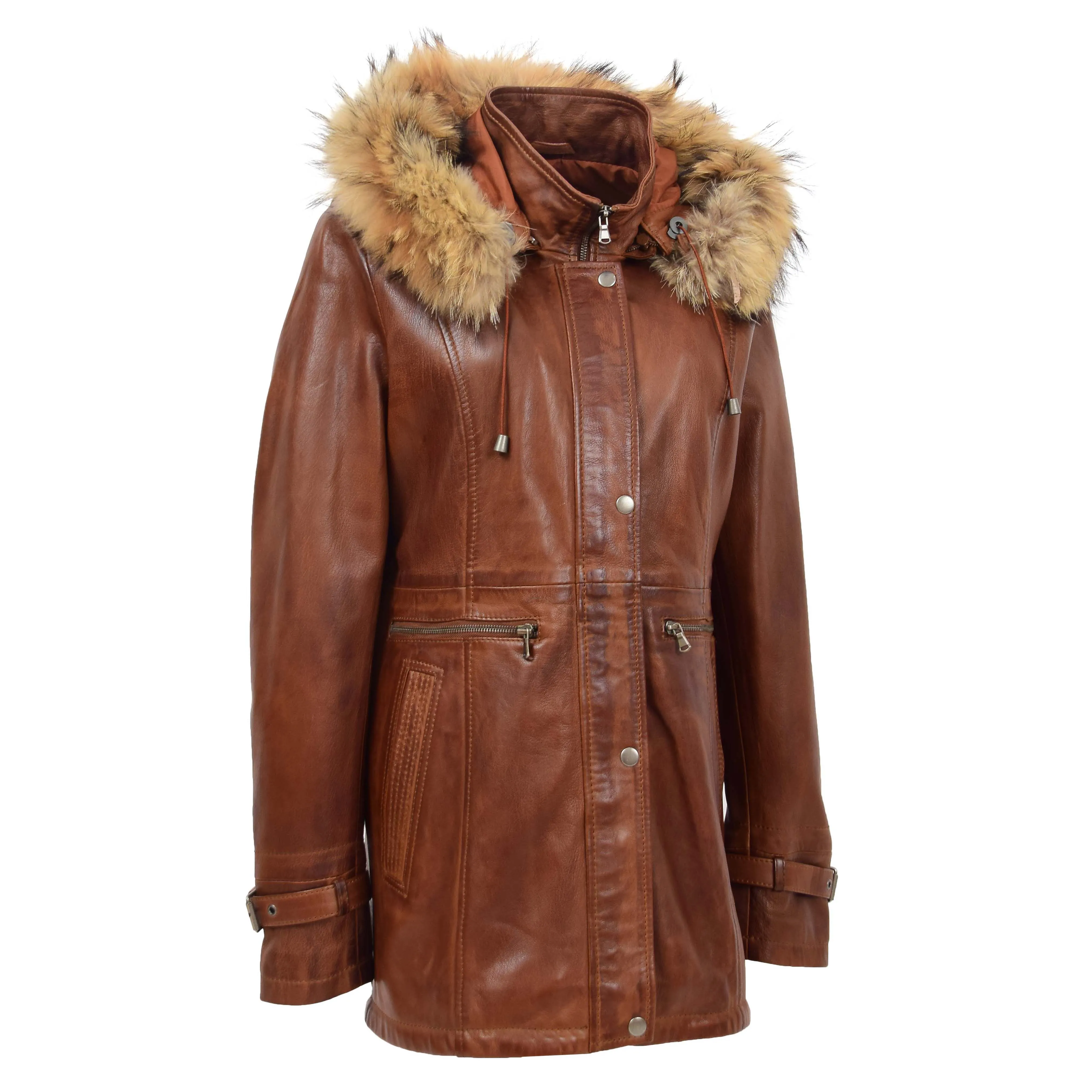 Ladies Genuine Cognac Leather Duffle Coat Removable Hood Parka Jacket Patty