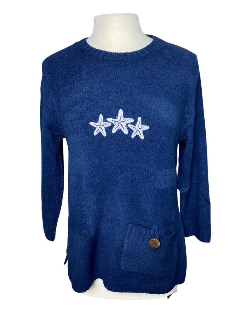 Lulu B Navy Chenille Starfish Embroidered Sweater