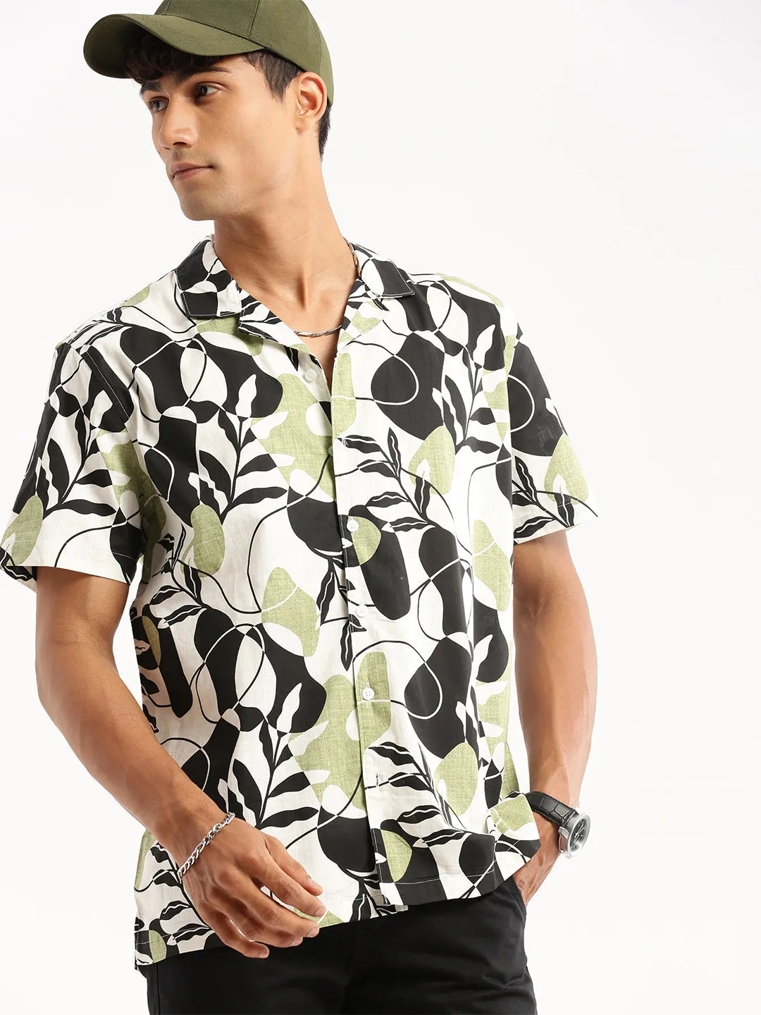 Men Black Cuban Collar Floral Shirt