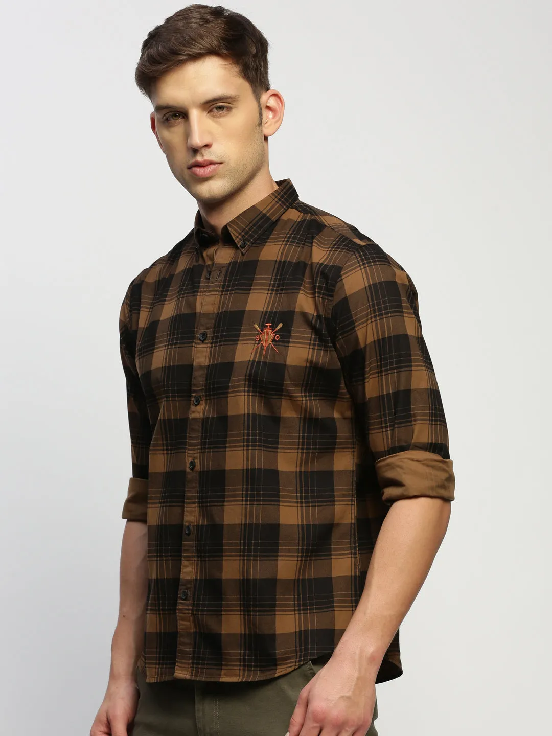 Men Brown Checked Shirt