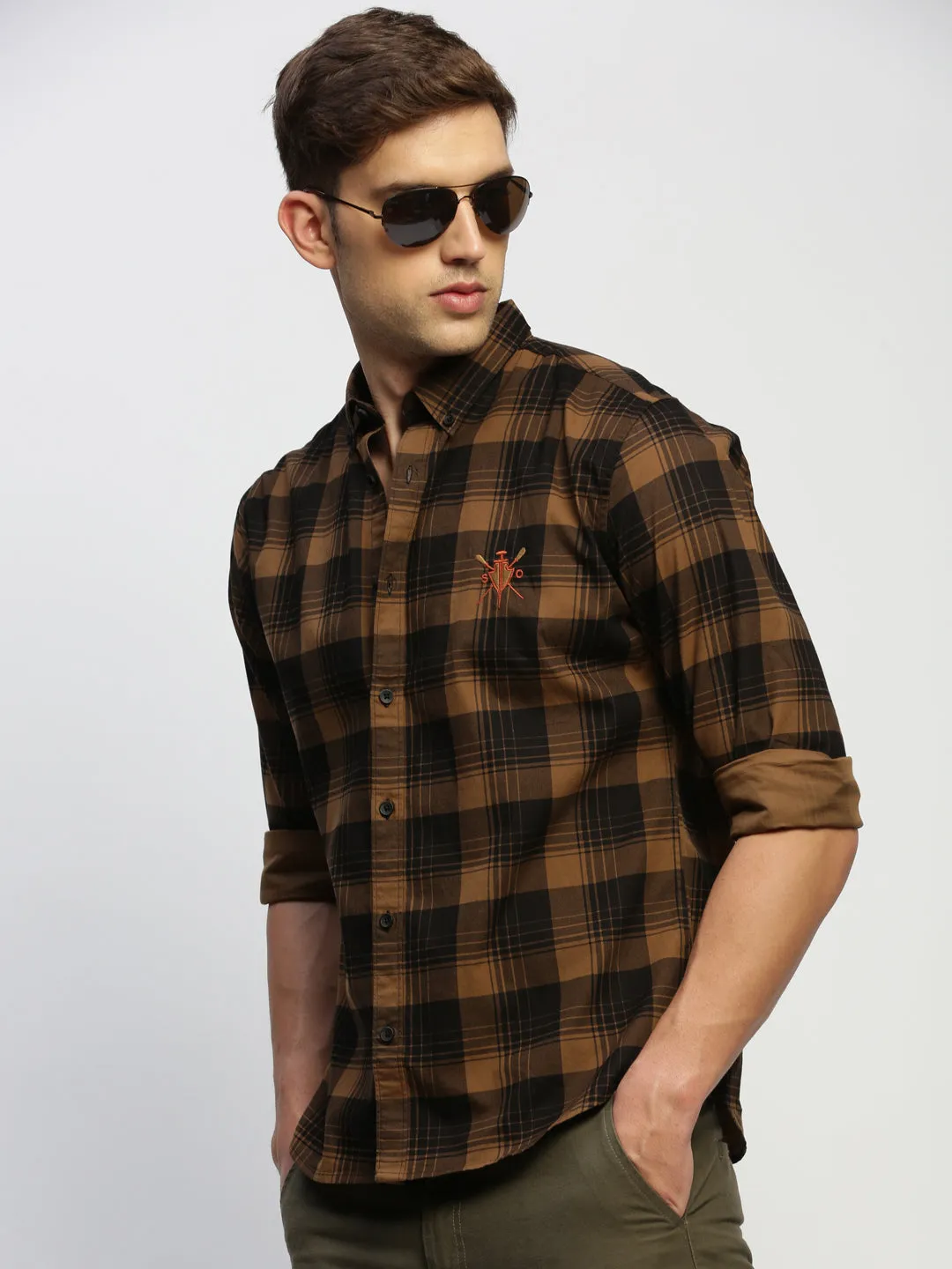 Men Brown Checked Shirt