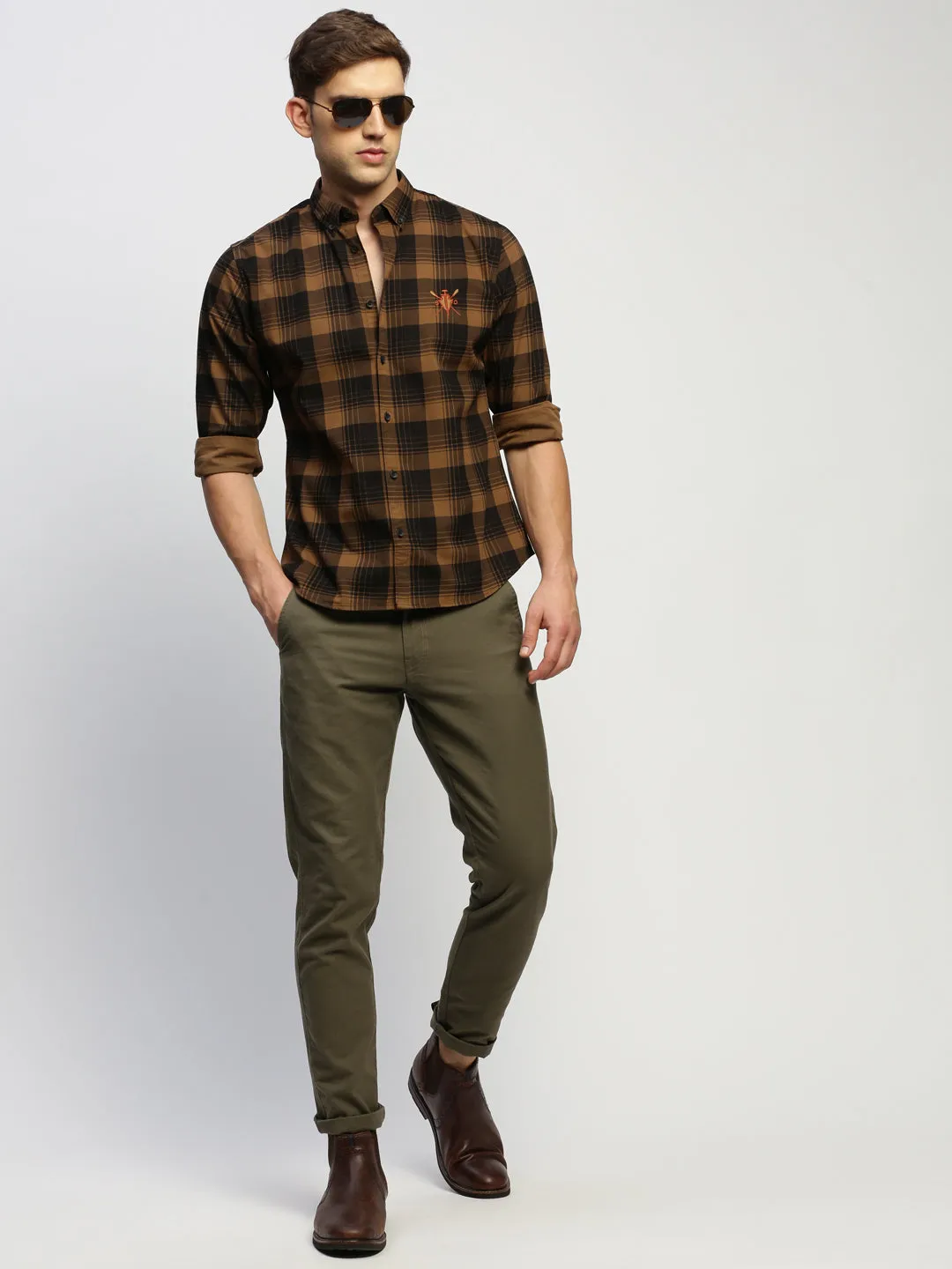 Men Brown Checked Shirt