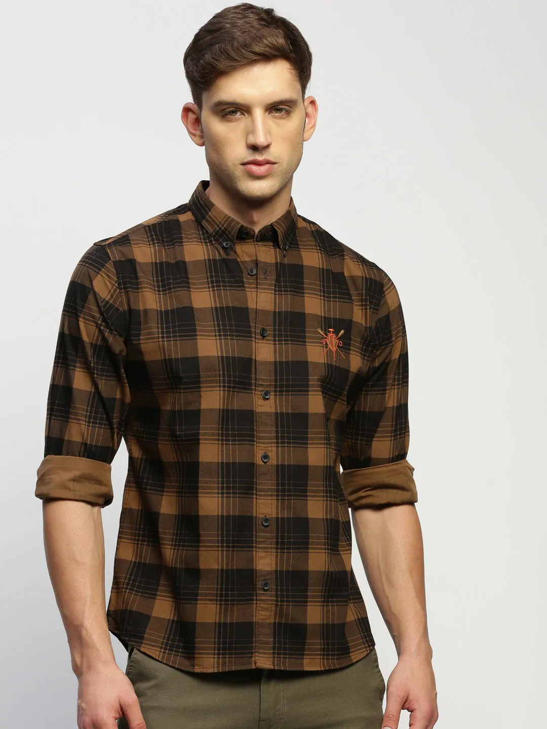 Men Brown Checked Shirt