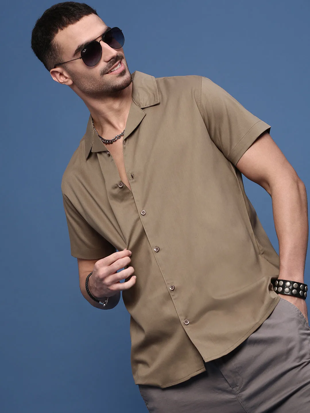 Men Brown Solid Cuban Collar Shirt