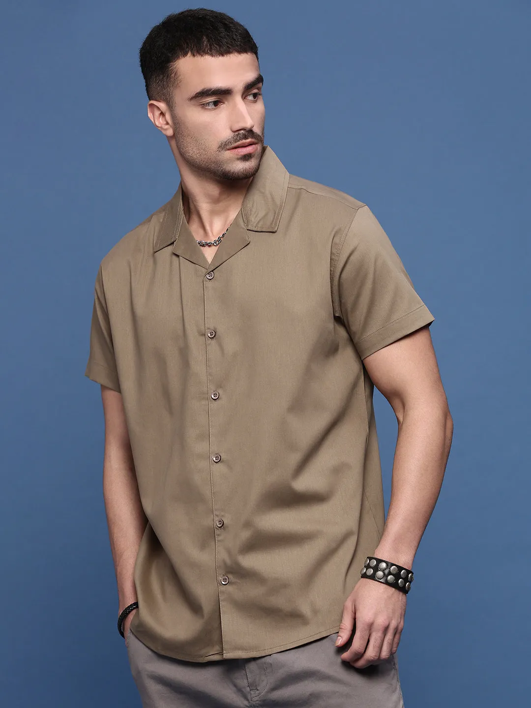 Men Brown Solid Cuban Collar Shirt